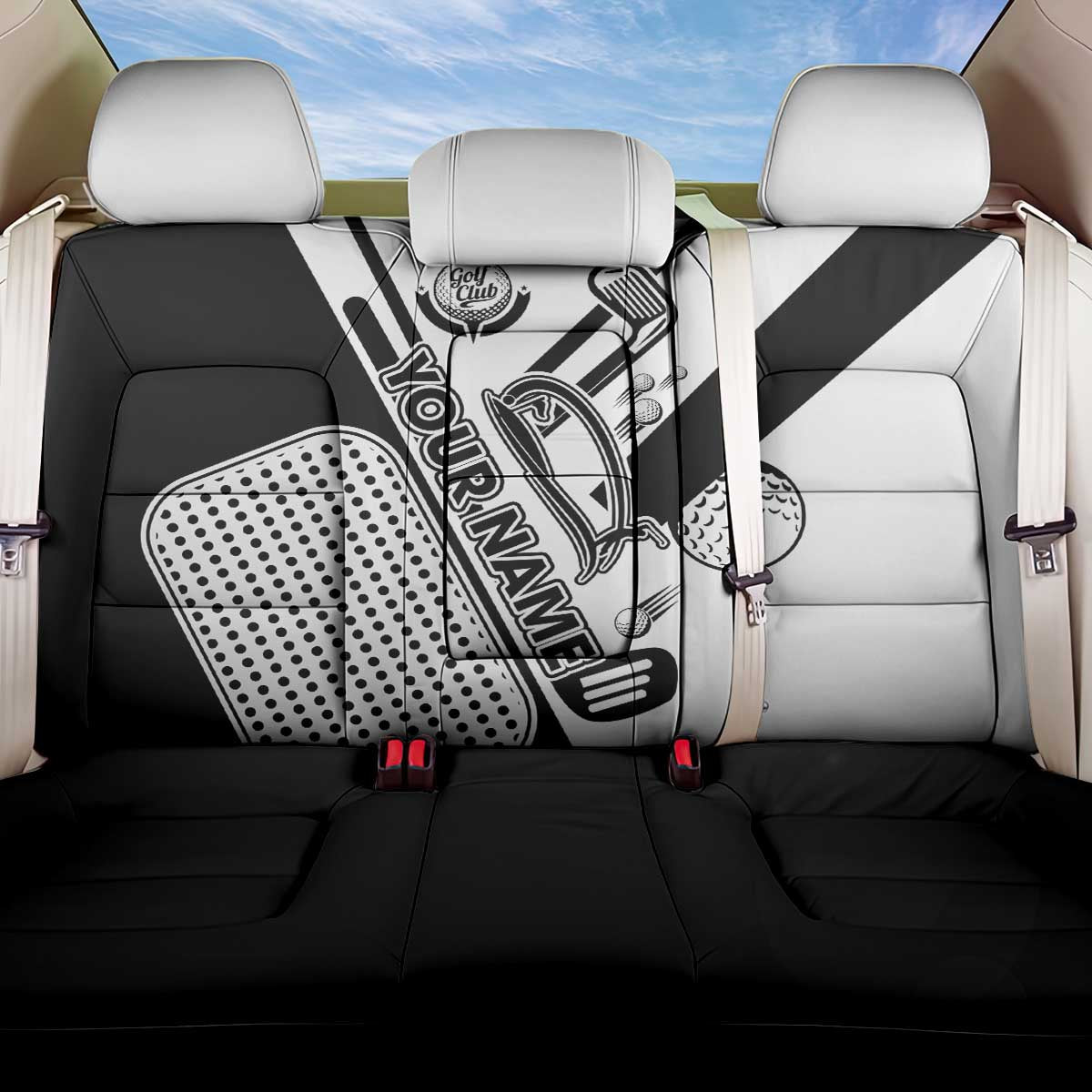 Golf Club Monochrome Design Back Car Seat Cover with Golf Ball and Club Graphic and Custom Name Print - Wonder Print Shop