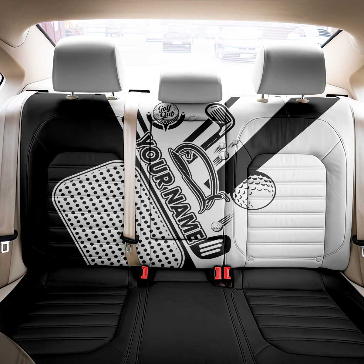 Golf Club Monochrome Design Back Car Seat Cover with Golf Ball and Club Graphic and Custom Name Print - Wonder Print Shop
