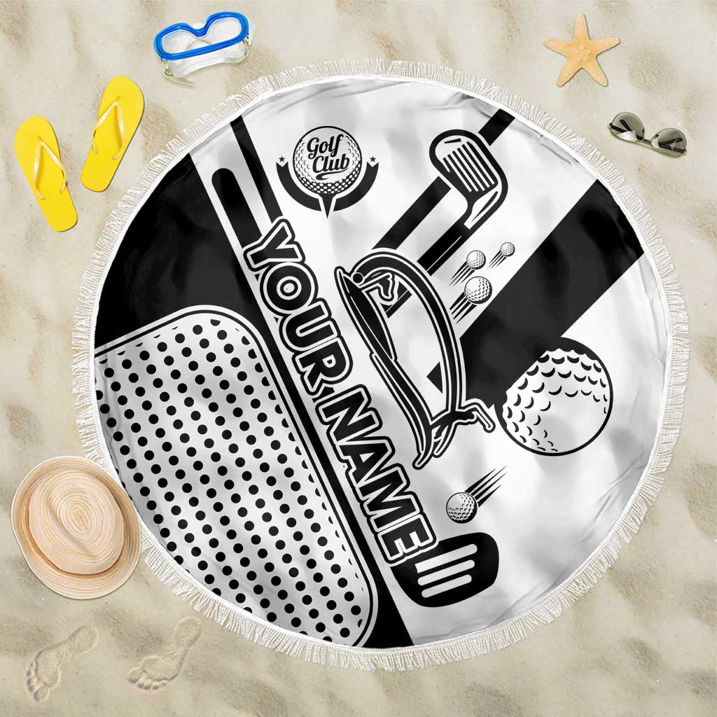 Golf Club Monochrome Design Beach Blanket with Golf Ball and Club Graphic and Custom Name Print - Wonder Print Shop