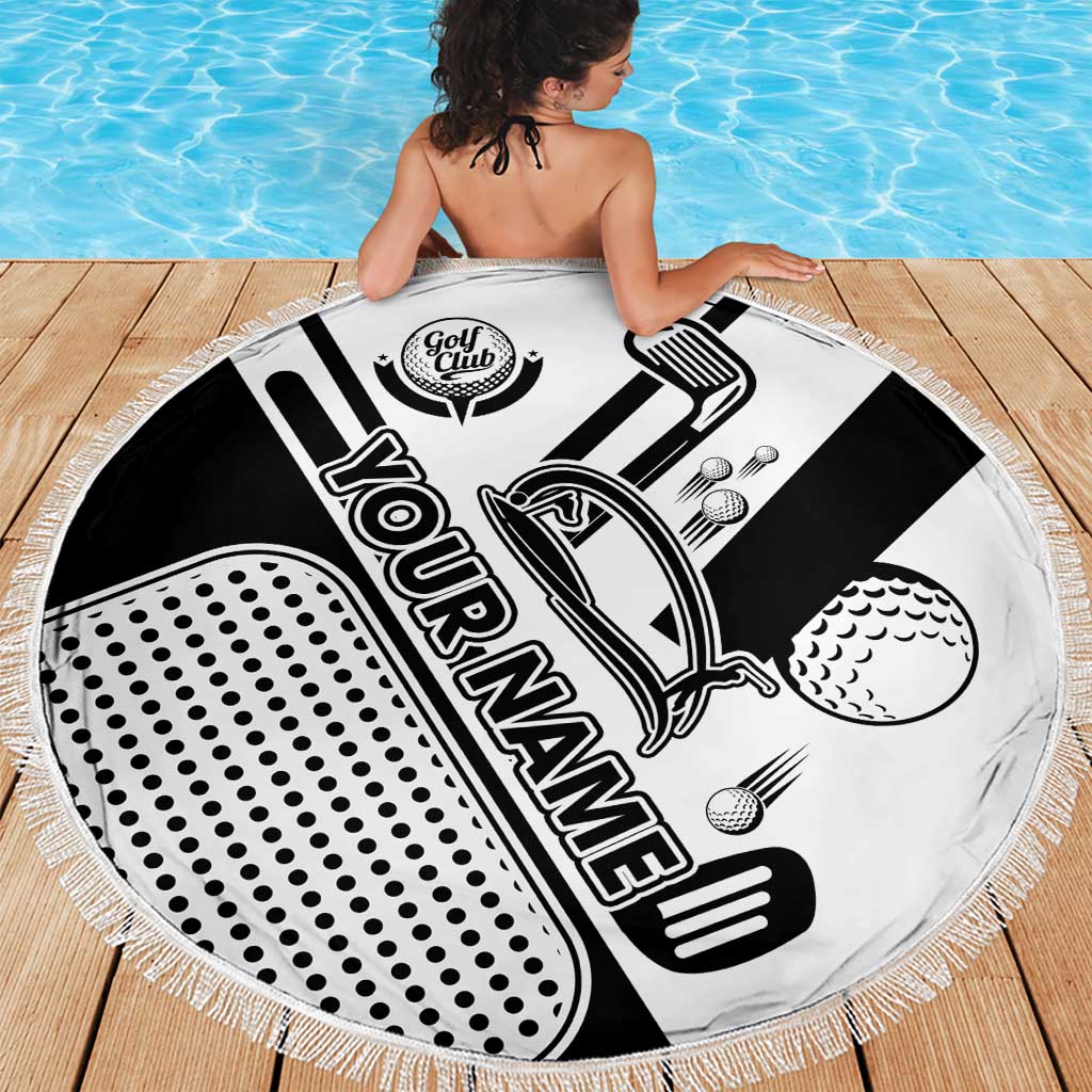 Golf Club Monochrome Design Beach Blanket with Golf Ball and Club Graphic and Custom Name Print - Wonder Print Shop