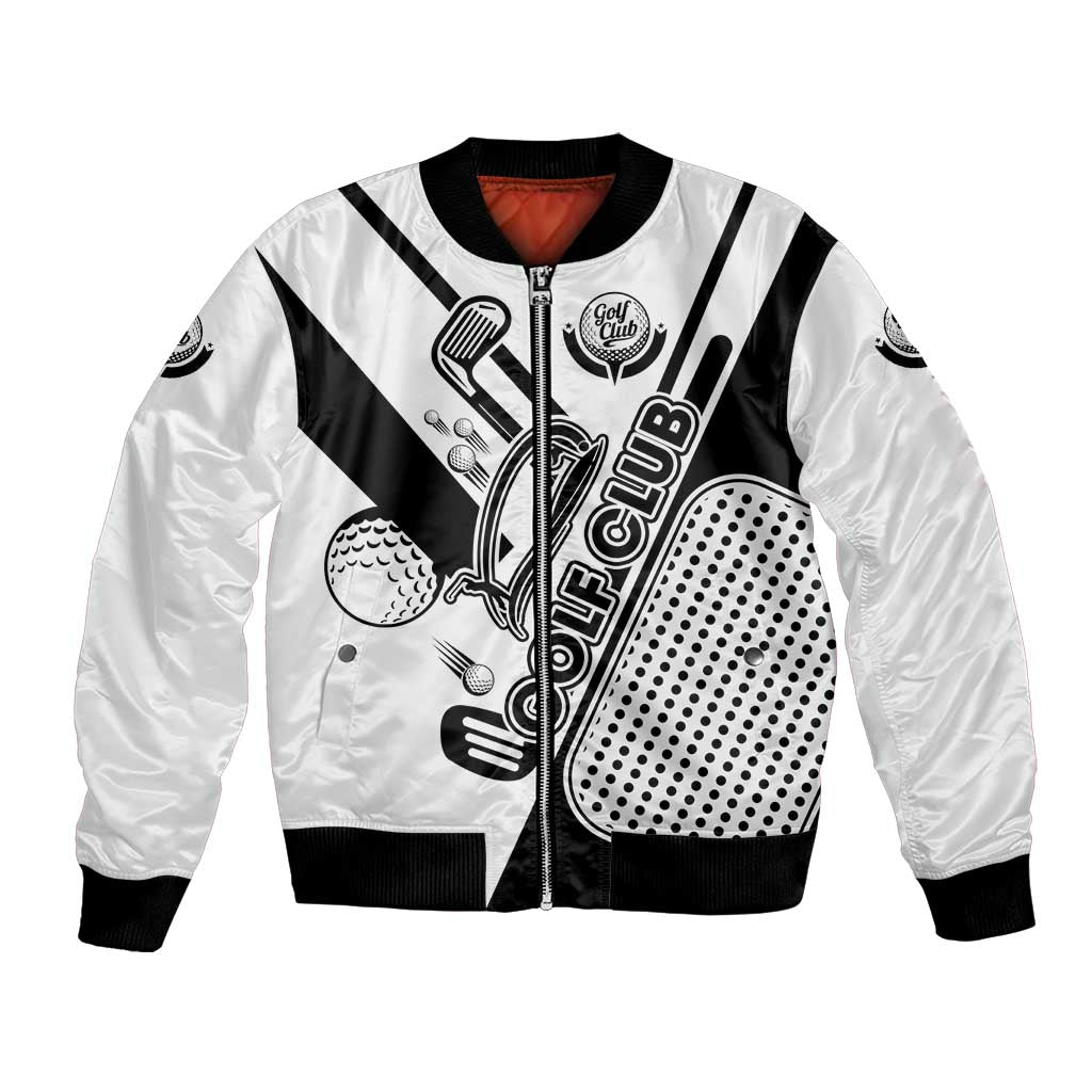 Golf Club Monochrome Design Bomber Jacket with Golf Ball and Club Graphic and Custom Name Print - Wonder Print Shop
