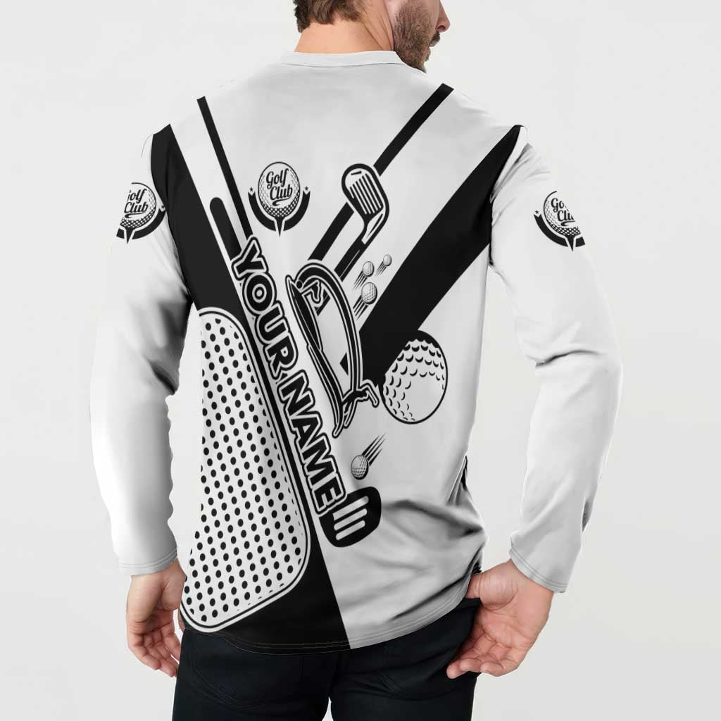 Golf Club Monochrome Design Button Sweatshirt with Golf Ball and Club Graphic and Custom Name Print - Wonder Print Shop