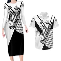 Golf Club Monochrome Design Couples Matching Long Sleeve Bodycon Dress and Hawaiian Shirt with Golf Ball and Club Graphic and Custom Name Print - Wonder Print Shop