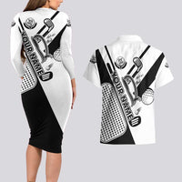 Golf Club Monochrome Design Couples Matching Long Sleeve Bodycon Dress and Hawaiian Shirt with Golf Ball and Club Graphic and Custom Name Print - Wonder Print Shop