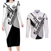 Golf Club Monochrome Design Couples Matching Long Sleeve Bodycon Dress and Long Sleeve Button Shirt with Golf Ball and Club Graphic and Custom Name Print - Wonder Print Shop