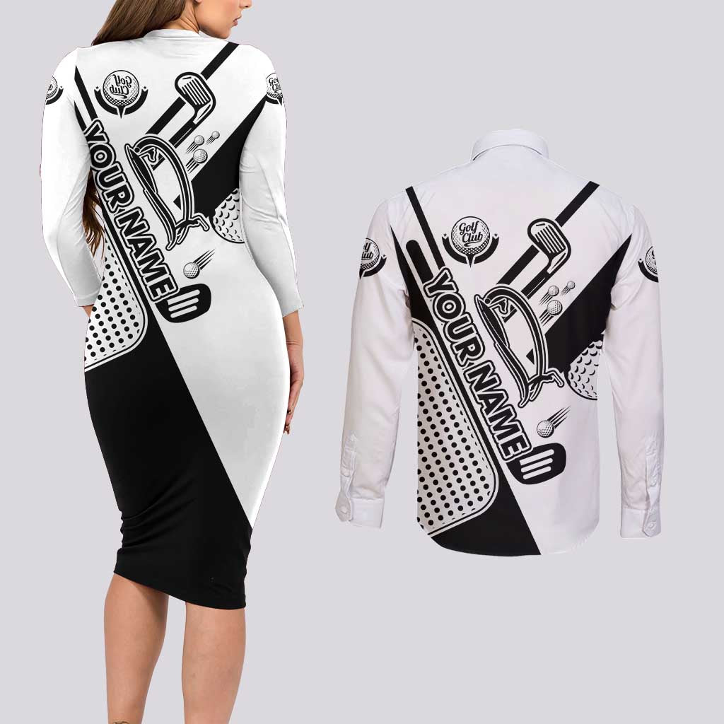 Golf Club Monochrome Design Couples Matching Long Sleeve Bodycon Dress and Long Sleeve Button Shirt with Golf Ball and Club Graphic and Custom Name Print - Wonder Print Shop
