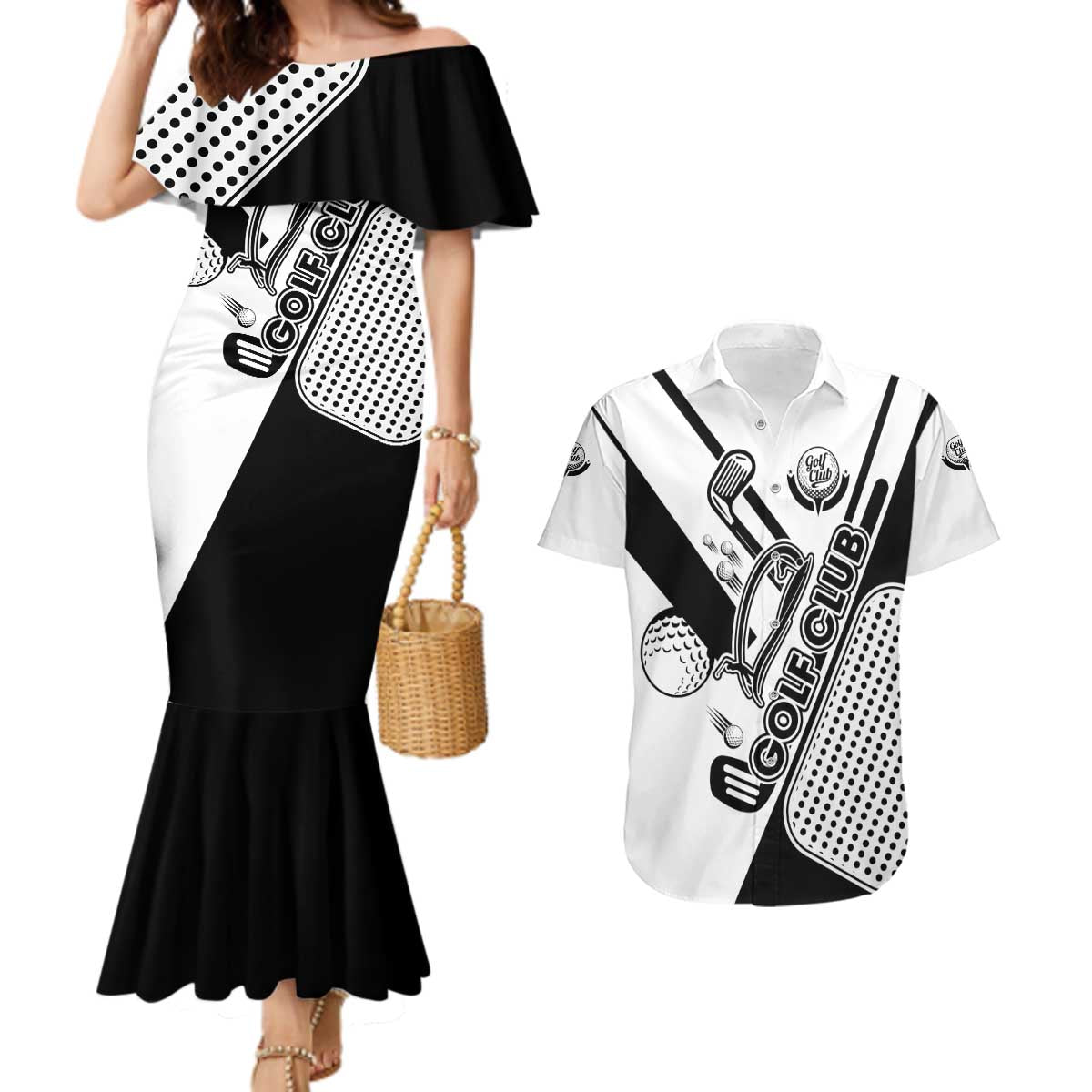 Golf Club Monochrome Design Couples Matching Mermaid Dress and Hawaiian Shirt with Golf Ball and Club Graphic and Custom Name Print - Wonder Print Shop