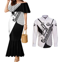 Golf Club Monochrome Design Couples Matching Mermaid Dress and Long Sleeve Button Shirt with Golf Ball and Club Graphic and Custom Name Print - Wonder Print Shop