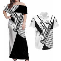 Golf Club Monochrome Design Couples Matching Off Shoulder Maxi Dress and Hawaiian Shirt with Golf Ball and Club Graphic and Custom Name Print - Wonder Print Shop