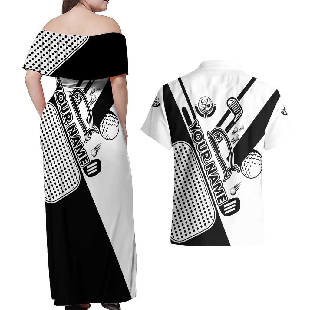 Golf Club Monochrome Design Couples Matching Off Shoulder Maxi Dress and Hawaiian Shirt with Golf Ball and Club Graphic and Custom Name Print - Wonder Print Shop