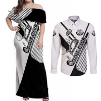Golf Club Monochrome Design Couples Matching Off Shoulder Maxi Dress and Long Sleeve Button Shirt with Golf Ball and Club Graphic and Custom Name Print - Wonder Print Shop