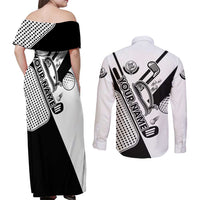 Golf Club Monochrome Design Couples Matching Off Shoulder Maxi Dress and Long Sleeve Button Shirt with Golf Ball and Club Graphic and Custom Name Print - Wonder Print Shop