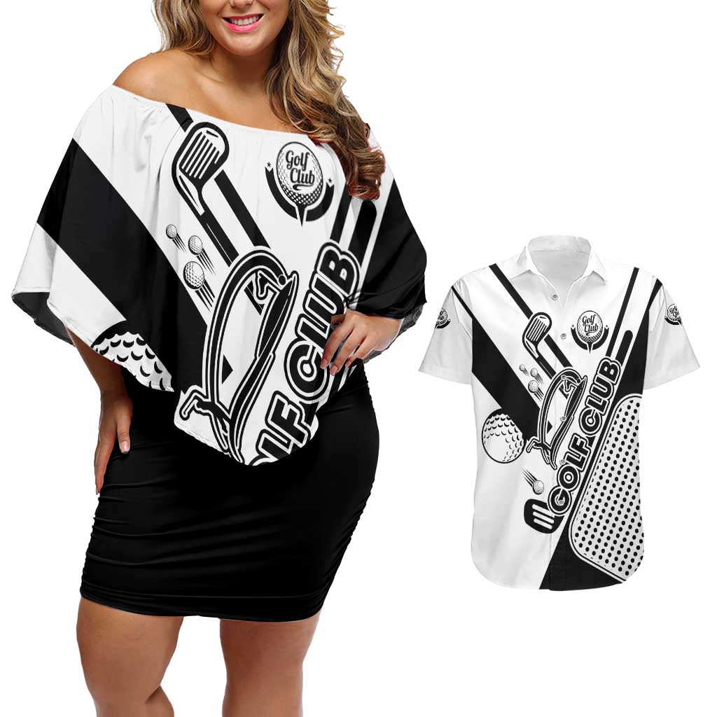 Golf Club Monochrome Design Couples Matching Off Shoulder Short Dress and Hawaiian Shirt with Golf Ball and Club Graphic and Custom Name Print - Wonder Print Shop