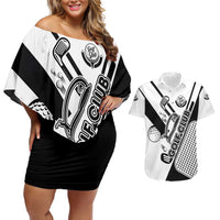 Golf Club Monochrome Design Couples Matching Off Shoulder Short Dress and Hawaiian Shirt with Golf Ball and Club Graphic and Custom Name Print - Wonder Print Shop
