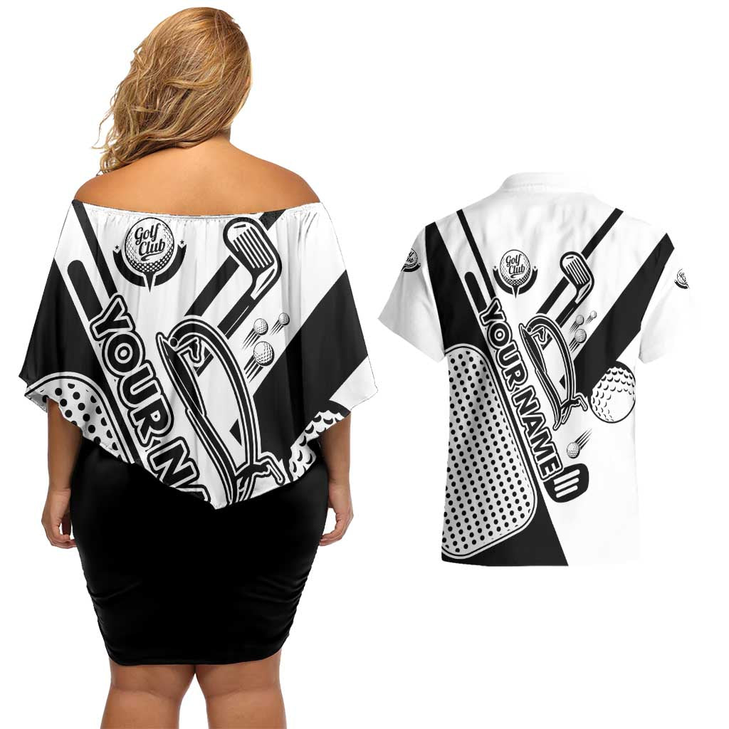 Golf Club Monochrome Design Couples Matching Off Shoulder Short Dress and Hawaiian Shirt with Golf Ball and Club Graphic and Custom Name Print - Wonder Print Shop