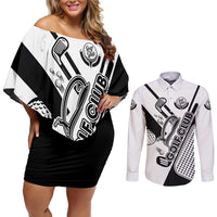 Golf Club Monochrome Design Couples Matching Off Shoulder Short Dress and Long Sleeve Button Shirt with Golf Ball and Club Graphic and Custom Name Print - Wonder Print Shop