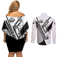 Golf Club Monochrome Design Couples Matching Off Shoulder Short Dress and Long Sleeve Button Shirt with Golf Ball and Club Graphic and Custom Name Print - Wonder Print Shop