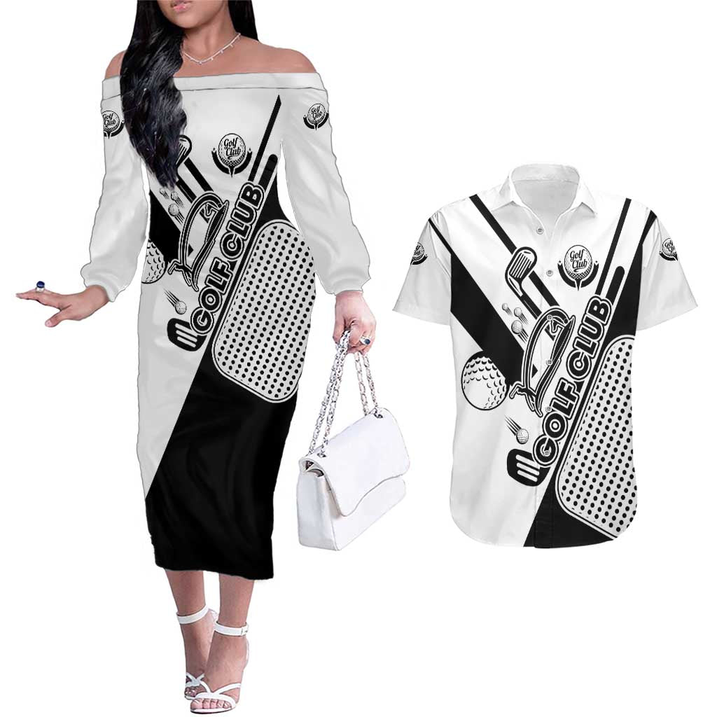 Golf Club Monochrome Design Couples Matching Off The Shoulder Long Sleeve Dress and Hawaiian Shirt with Golf Ball and Club Graphic and Custom Name Print - Wonder Print Shop