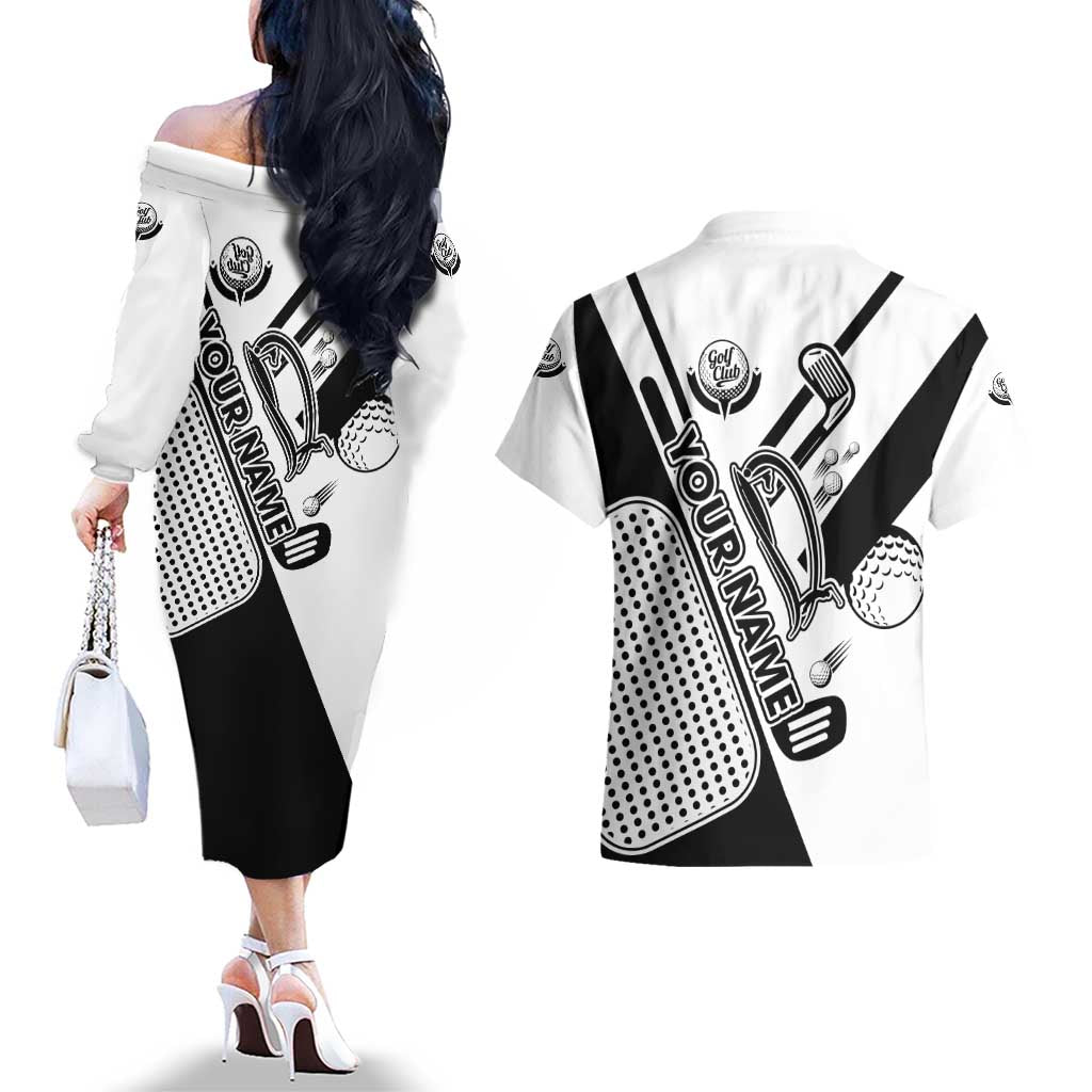 Golf Club Monochrome Design Couples Matching Off The Shoulder Long Sleeve Dress and Hawaiian Shirt with Golf Ball and Club Graphic and Custom Name Print - Wonder Print Shop