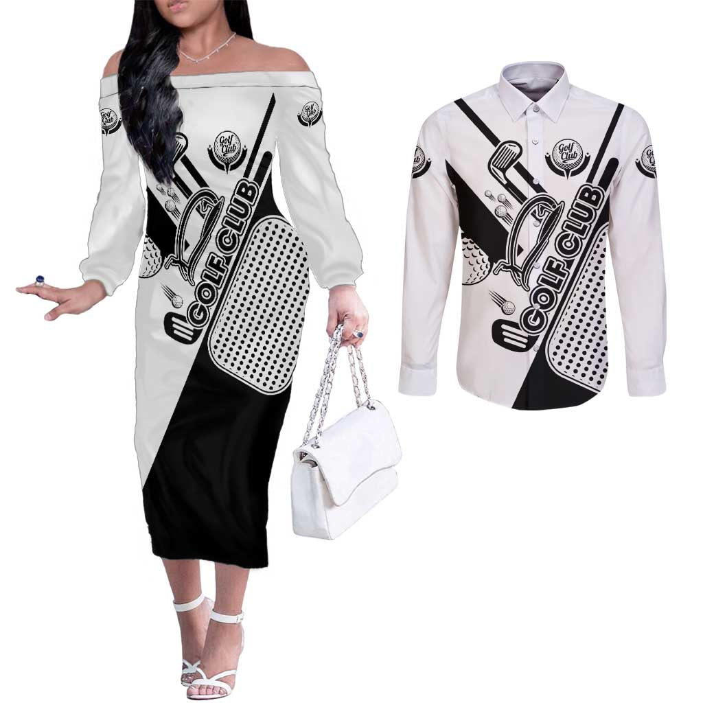 Golf Club Monochrome Design Couples Matching Off The Shoulder Long Sleeve Dress and Long Sleeve Button Shirt with Golf Ball and Club Graphic and Custom Name Print - Wonder Print Shop