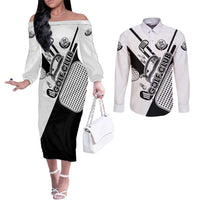 Golf Club Monochrome Design Couples Matching Off The Shoulder Long Sleeve Dress and Long Sleeve Button Shirt with Golf Ball and Club Graphic and Custom Name Print - Wonder Print Shop