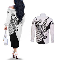 Golf Club Monochrome Design Couples Matching Off The Shoulder Long Sleeve Dress and Long Sleeve Button Shirt with Golf Ball and Club Graphic and Custom Name Print - Wonder Print Shop
