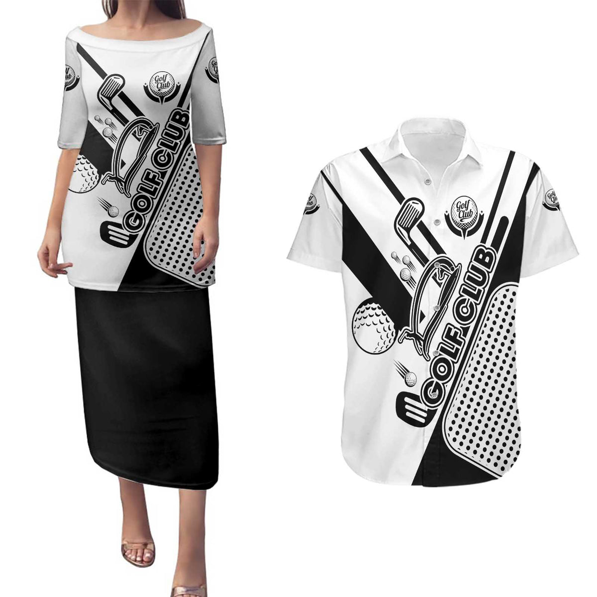 Golf Club Monochrome Design Couples Matching Puletasi and Hawaiian Shirt with Golf Ball and Club Graphic and Custom Name Print - Wonder Print Shop