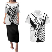 Golf Club Monochrome Design Couples Matching Puletasi and Hawaiian Shirt with Golf Ball and Club Graphic and Custom Name Print - Wonder Print Shop