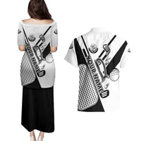 Golf Club Monochrome Design Couples Matching Puletasi and Hawaiian Shirt with Golf Ball and Club Graphic and Custom Name Print - Wonder Print Shop