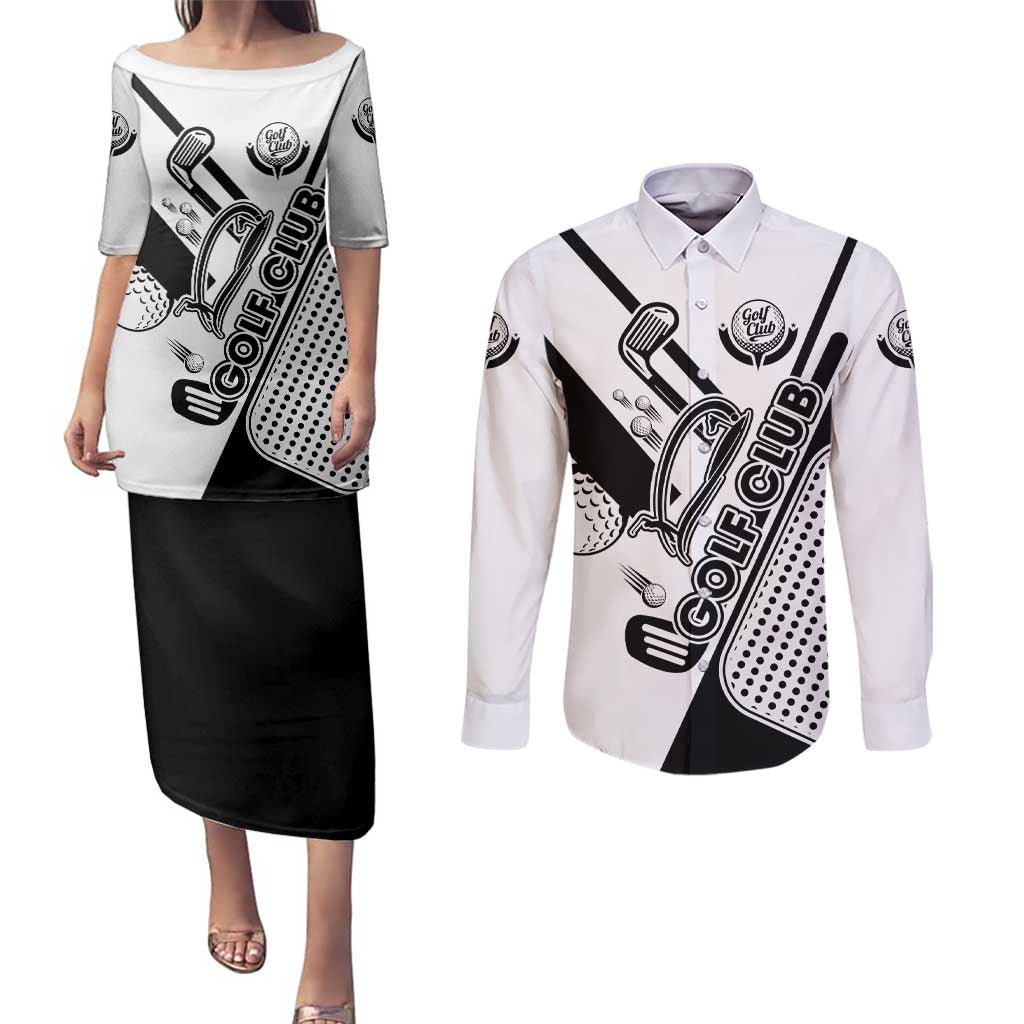 Golf Club Monochrome Design Couples Matching Puletasi and Long Sleeve Button Shirt with Golf Ball and Club Graphic and Custom Name Print - Wonder Print Shop