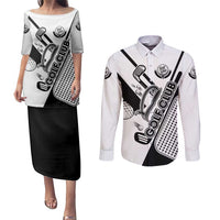Golf Club Monochrome Design Couples Matching Puletasi and Long Sleeve Button Shirt with Golf Ball and Club Graphic and Custom Name Print - Wonder Print Shop