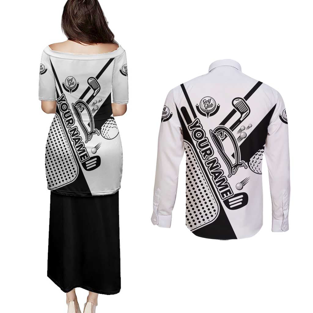 Golf Club Monochrome Design Couples Matching Puletasi and Long Sleeve Button Shirt with Golf Ball and Club Graphic and Custom Name Print - Wonder Print Shop