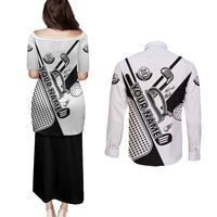 Golf Club Monochrome Design Couples Matching Puletasi and Long Sleeve Button Shirt with Golf Ball and Club Graphic and Custom Name Print - Wonder Print Shop