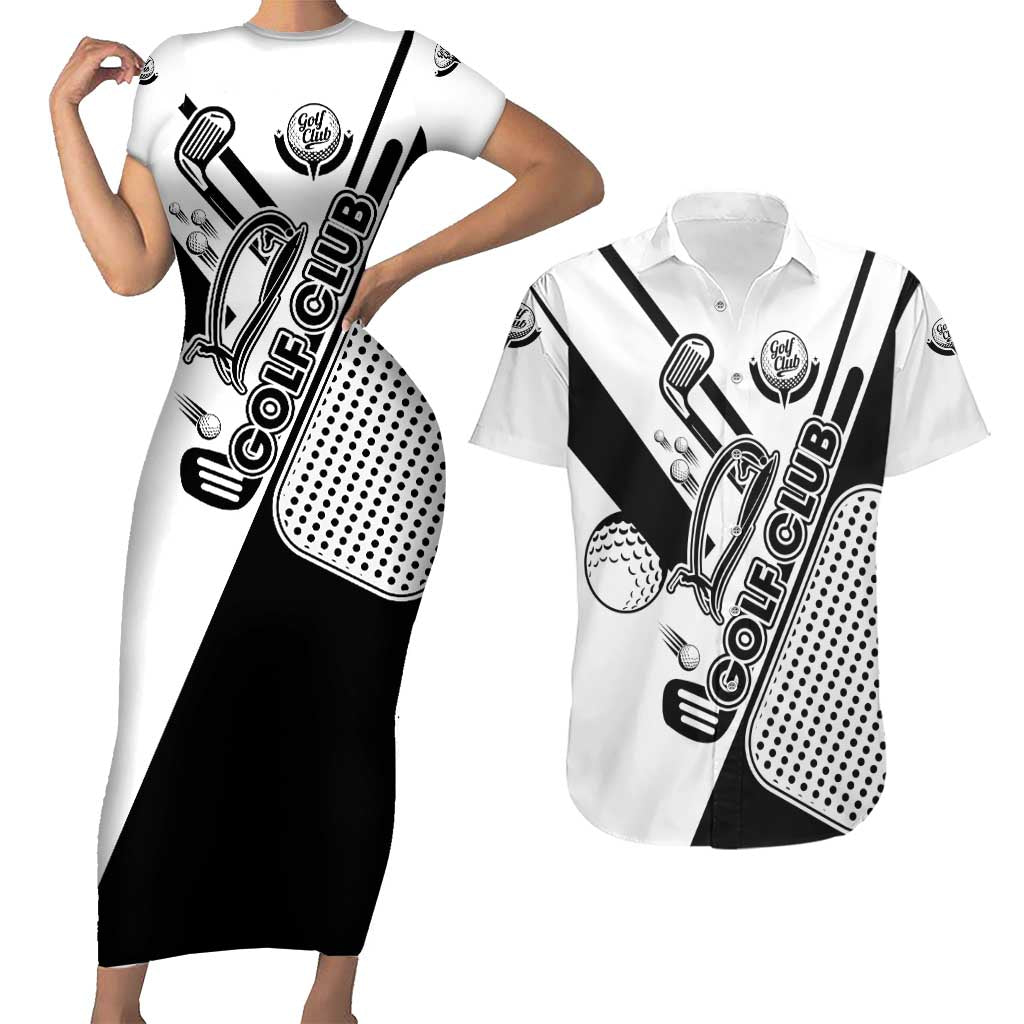 Golf Club Monochrome Design Couples Matching Short Sleeve Bodycon Dress and Hawaiian Shirt with Golf Ball and Club Graphic and Custom Name Print - Wonder Print Shop