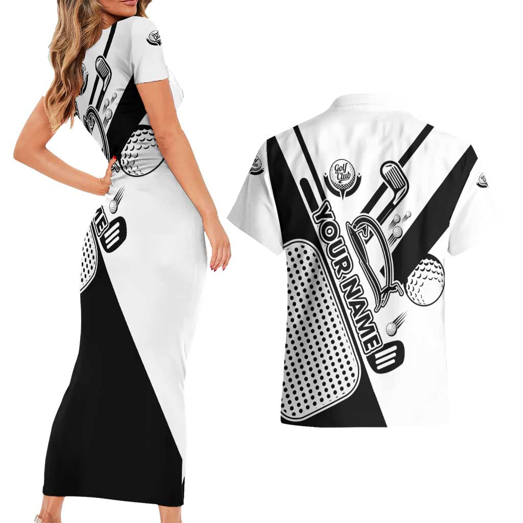 Golf Club Monochrome Design Couples Matching Short Sleeve Bodycon Dress and Hawaiian Shirt with Golf Ball and Club Graphic and Custom Name Print - Wonder Print Shop