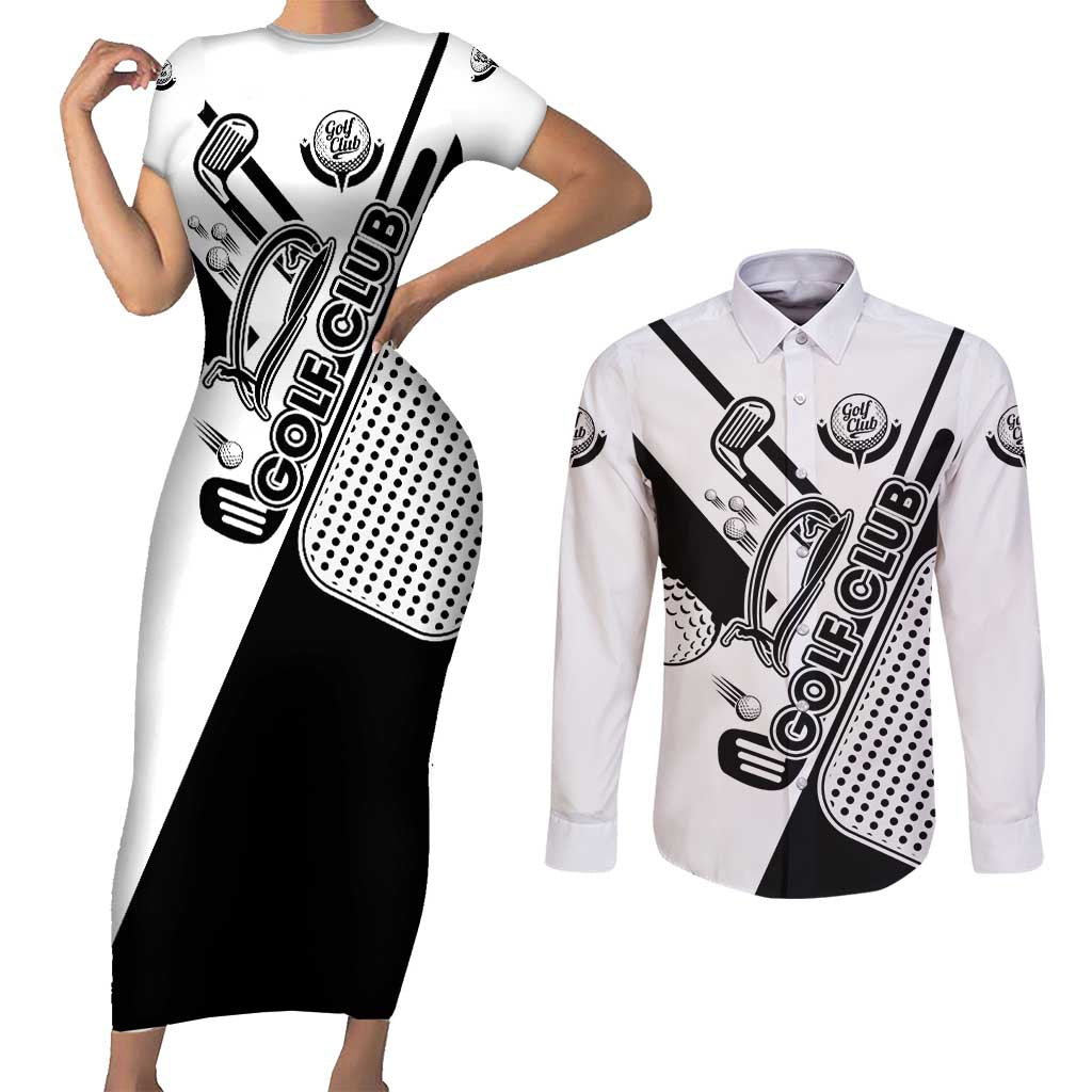 Golf Club Monochrome Design Couples Matching Short Sleeve Bodycon Dress and Long Sleeve Button Shirt with Golf Ball and Club Graphic and Custom Name Print - Wonder Print Shop