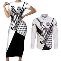 Golf Club Monochrome Design Couples Matching Short Sleeve Bodycon Dress and Long Sleeve Button Shirt with Golf Ball and Club Graphic and Custom Name Print - Wonder Print Shop