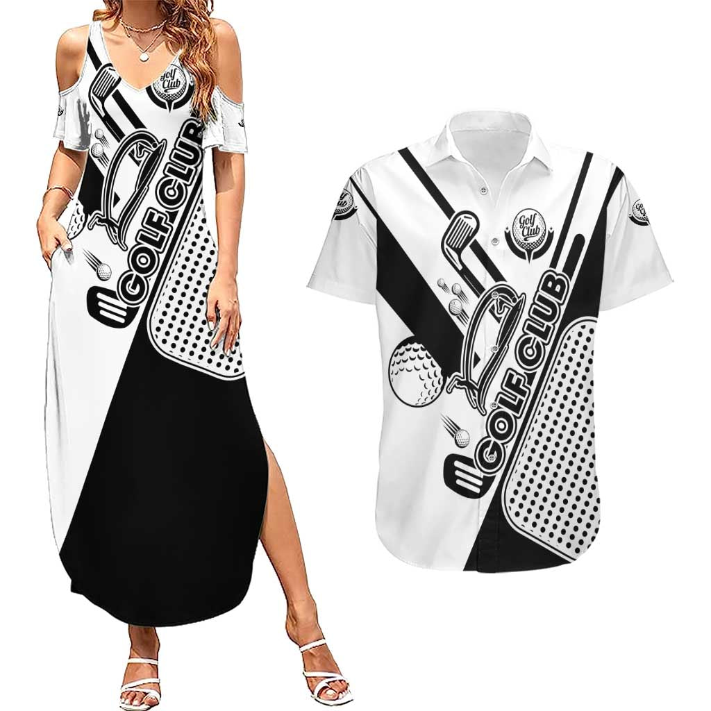 Golf Club Monochrome Design Couples Matching Summer Maxi Dress and Hawaiian Shirt with Golf Ball and Club Graphic and Custom Name Print - Wonder Print Shop