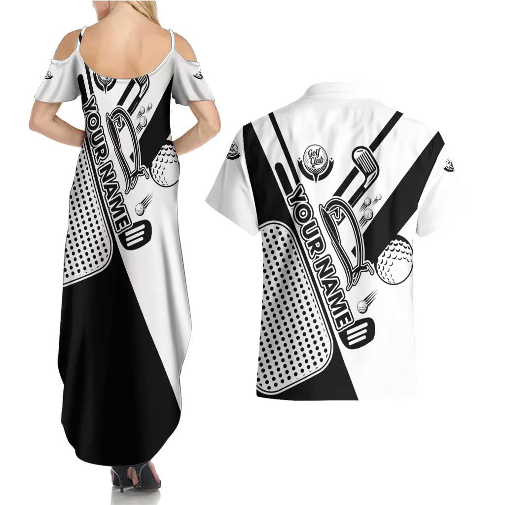 Golf Club Monochrome Design Couples Matching Summer Maxi Dress and Hawaiian Shirt with Golf Ball and Club Graphic and Custom Name Print - Wonder Print Shop