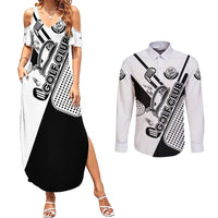 Golf Club Monochrome Design Couples Matching Summer Maxi Dress and Long Sleeve Button Shirt with Golf Ball and Club Graphic and Custom Name Print - Wonder Print Shop