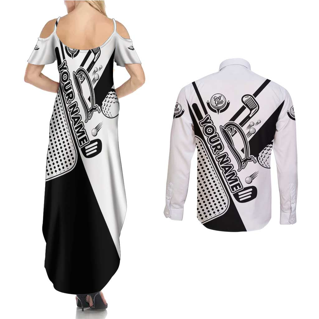 Golf Club Monochrome Design Couples Matching Summer Maxi Dress and Long Sleeve Button Shirt with Golf Ball and Club Graphic and Custom Name Print - Wonder Print Shop