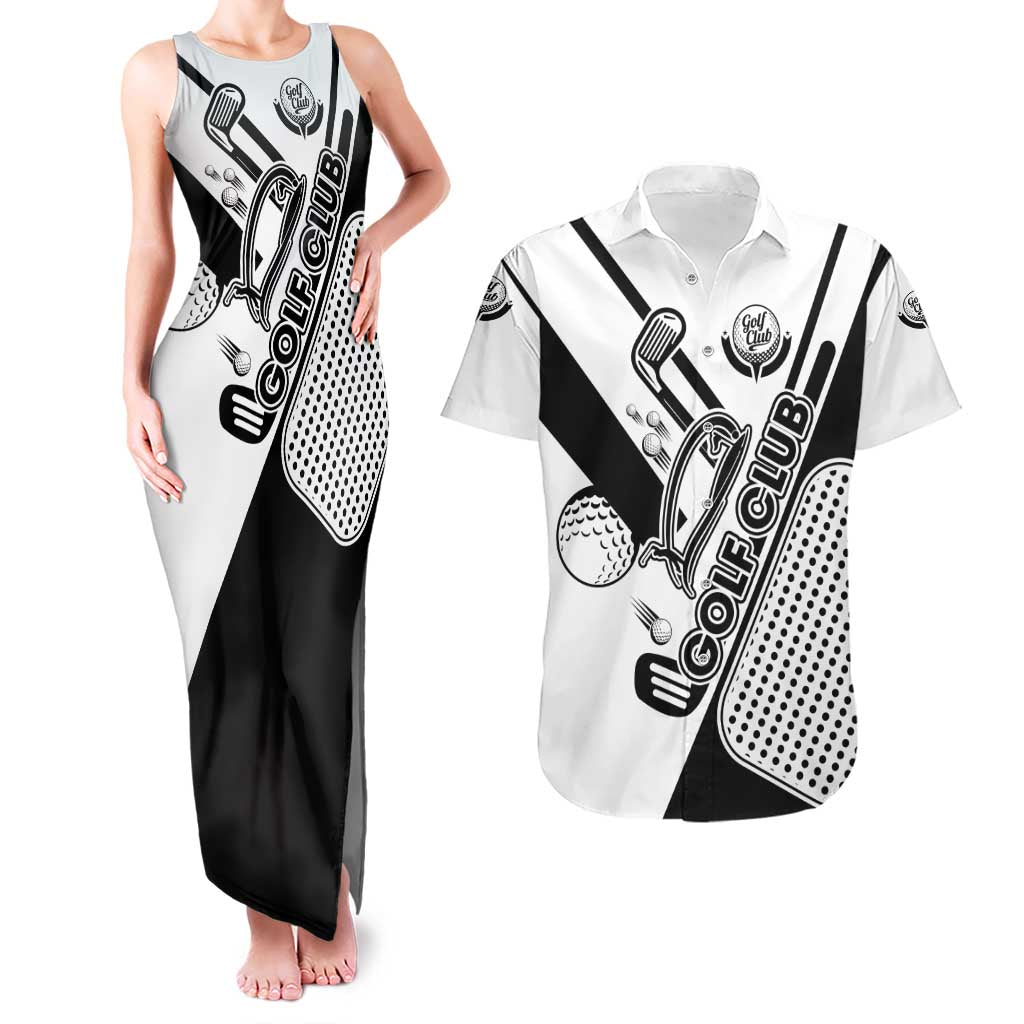 Golf Club Monochrome Design Couples Matching Tank Maxi Dress and Hawaiian Shirt with Golf Ball and Club Graphic and Custom Name Print - Wonder Print Shop