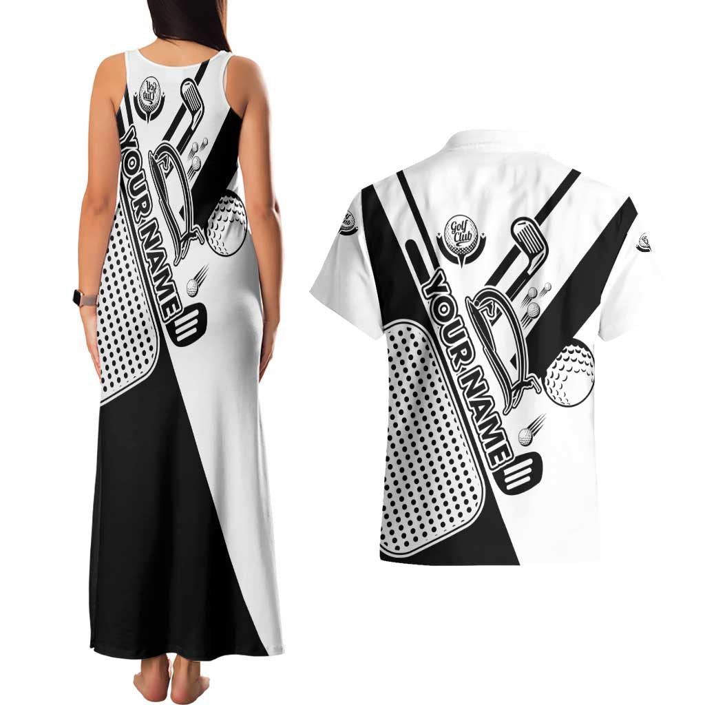 Golf Club Monochrome Design Couples Matching Tank Maxi Dress and Hawaiian Shirt with Golf Ball and Club Graphic and Custom Name Print - Wonder Print Shop