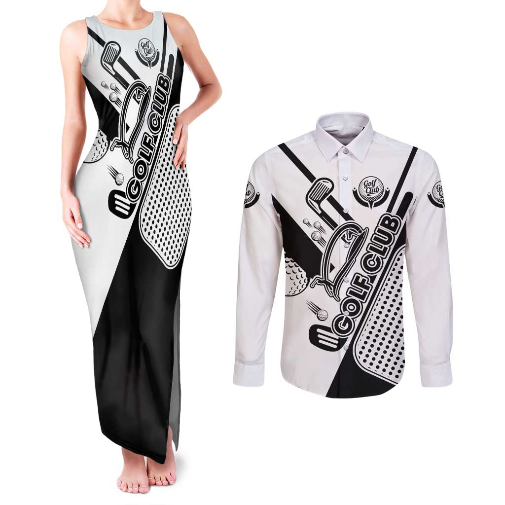 Golf Club Monochrome Design Couples Matching Tank Maxi Dress and Long Sleeve Button Shirt with Golf Ball and Club Graphic and Custom Name Print - Wonder Print Shop