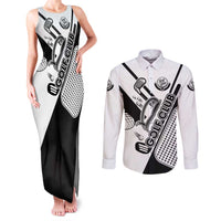 Golf Club Monochrome Design Couples Matching Tank Maxi Dress and Long Sleeve Button Shirt with Golf Ball and Club Graphic and Custom Name Print - Wonder Print Shop