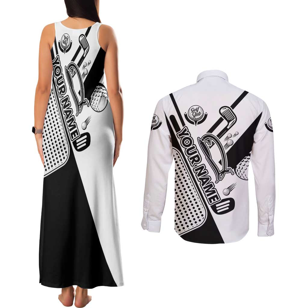 Golf Club Monochrome Design Couples Matching Tank Maxi Dress and Long Sleeve Button Shirt with Golf Ball and Club Graphic and Custom Name Print - Wonder Print Shop