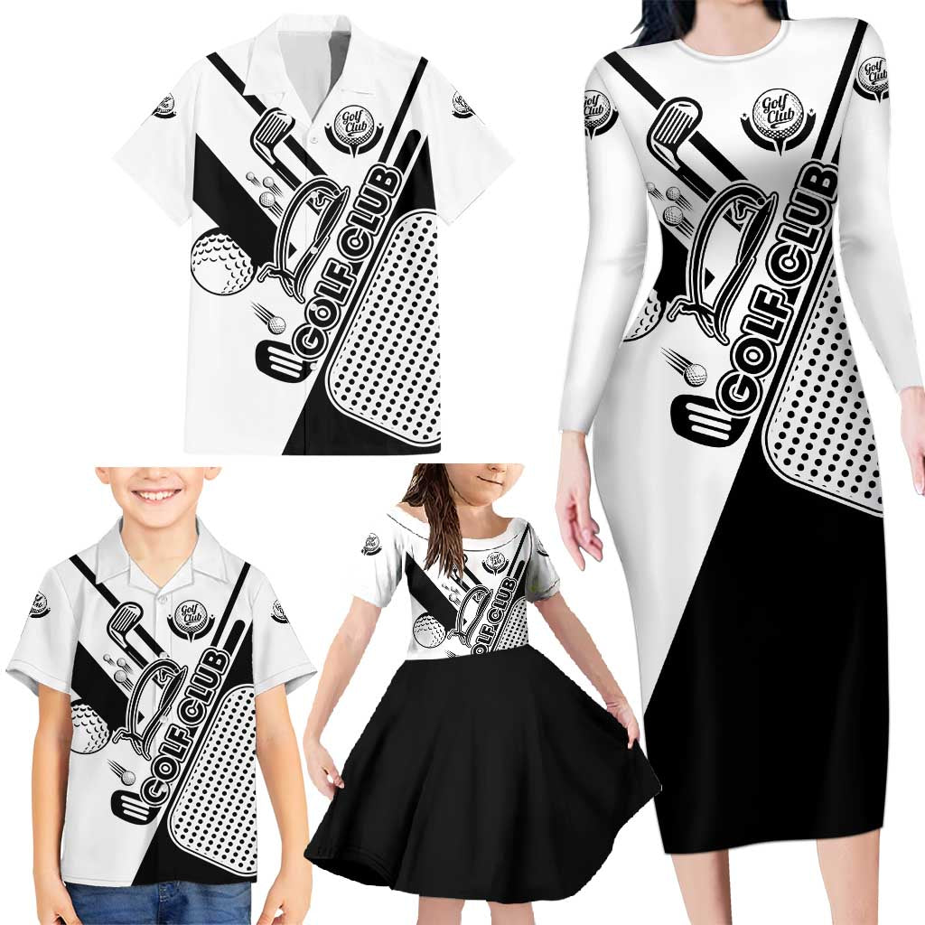 Golf Club Monochrome Design Family Matching Long Sleeve Bodycon Dress and Hawaiian Shirt with Golf Ball and Club Graphic and Custom Name Print - Wonder Print Shop