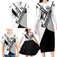 Golf Club Monochrome Design Family Matching Long Sleeve Bodycon Dress and Hawaiian Shirt with Golf Ball and Club Graphic and Custom Name Print - Wonder Print Shop