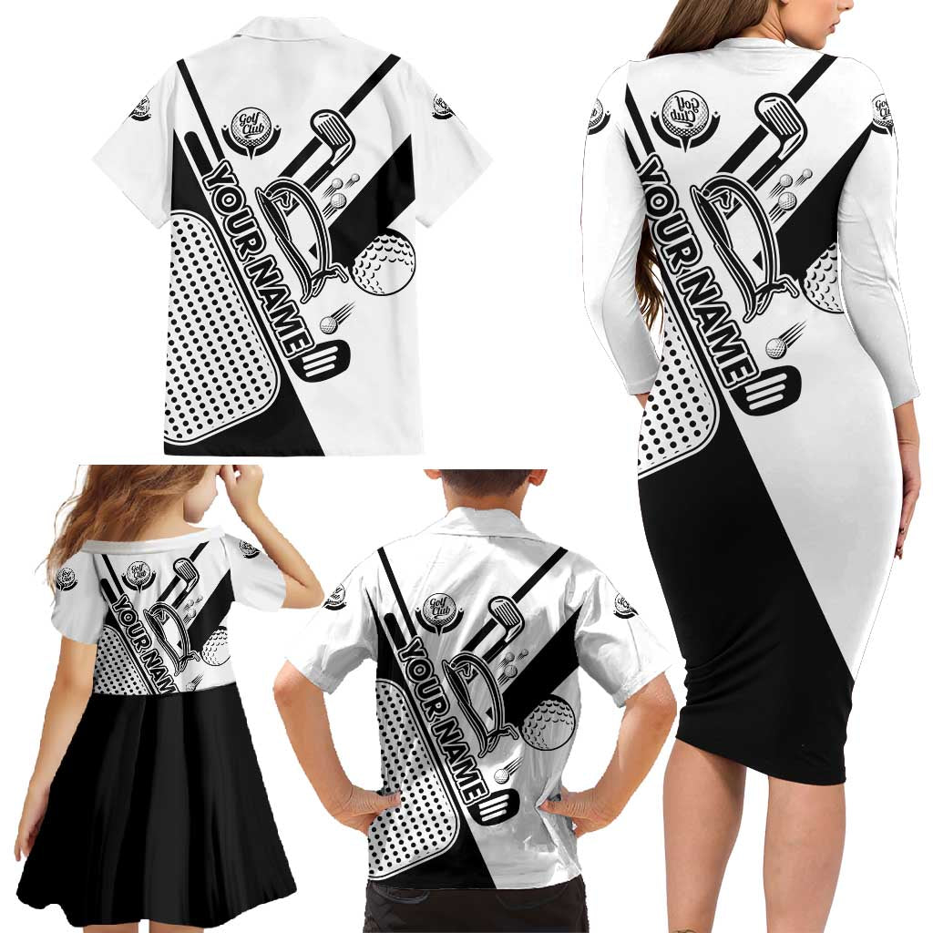 Golf Club Monochrome Design Family Matching Long Sleeve Bodycon Dress and Hawaiian Shirt with Golf Ball and Club Graphic and Custom Name Print - Wonder Print Shop