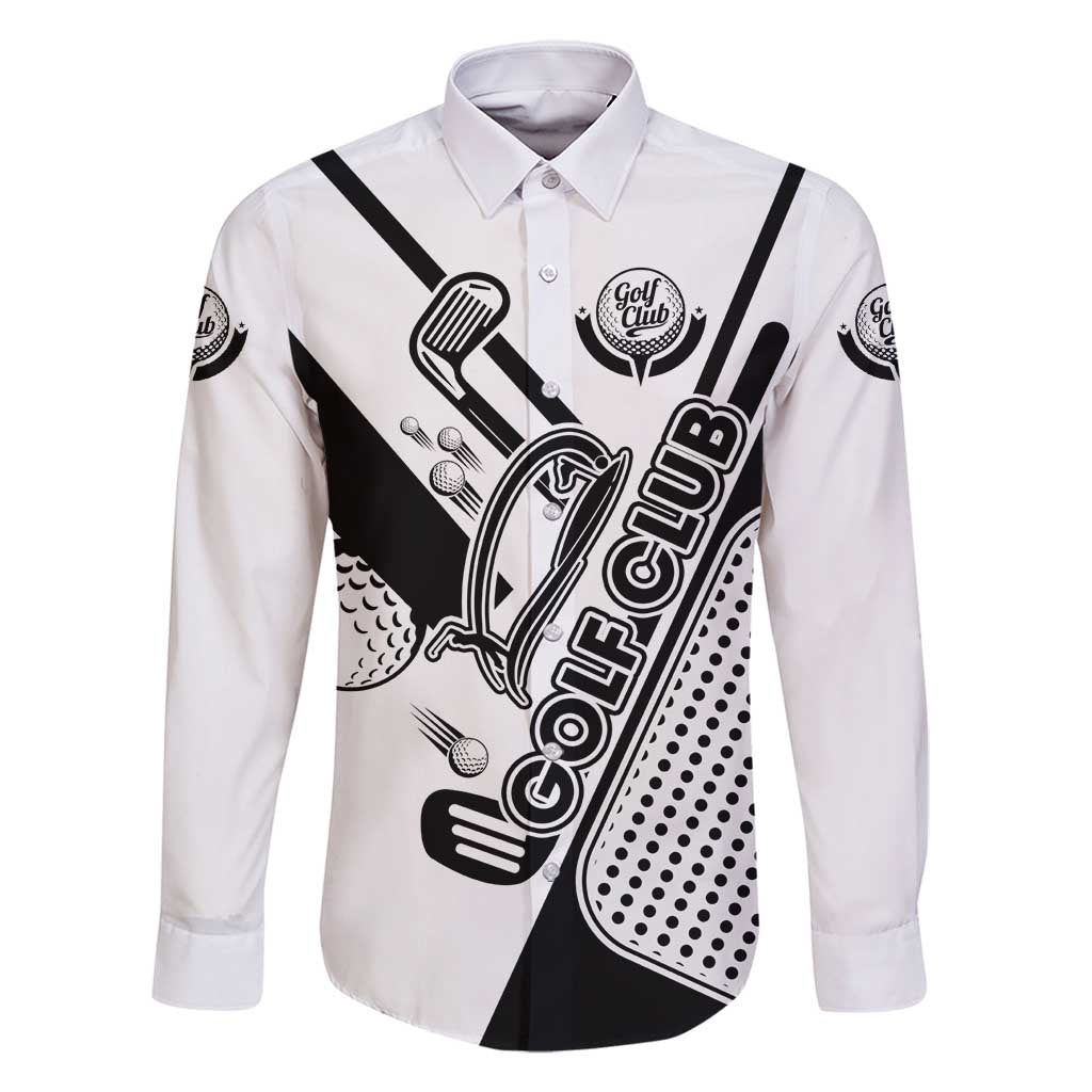 Golf Club Monochrome Design Family Matching Long Sleeve Bodycon Dress and Hawaiian Shirt with Golf Ball and Club Graphic and Custom Name Print - Wonder Print Shop